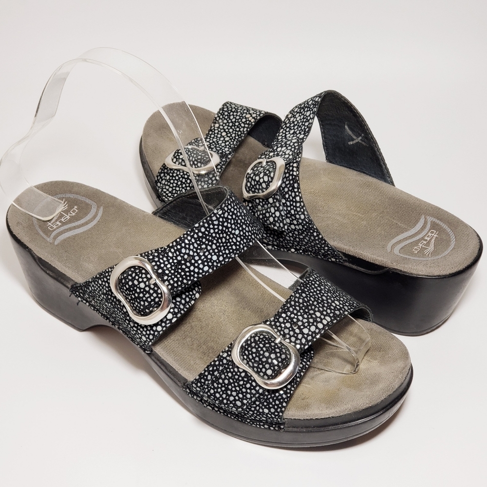 Dansko Sophie Wedge Sandals Black Silver Leather